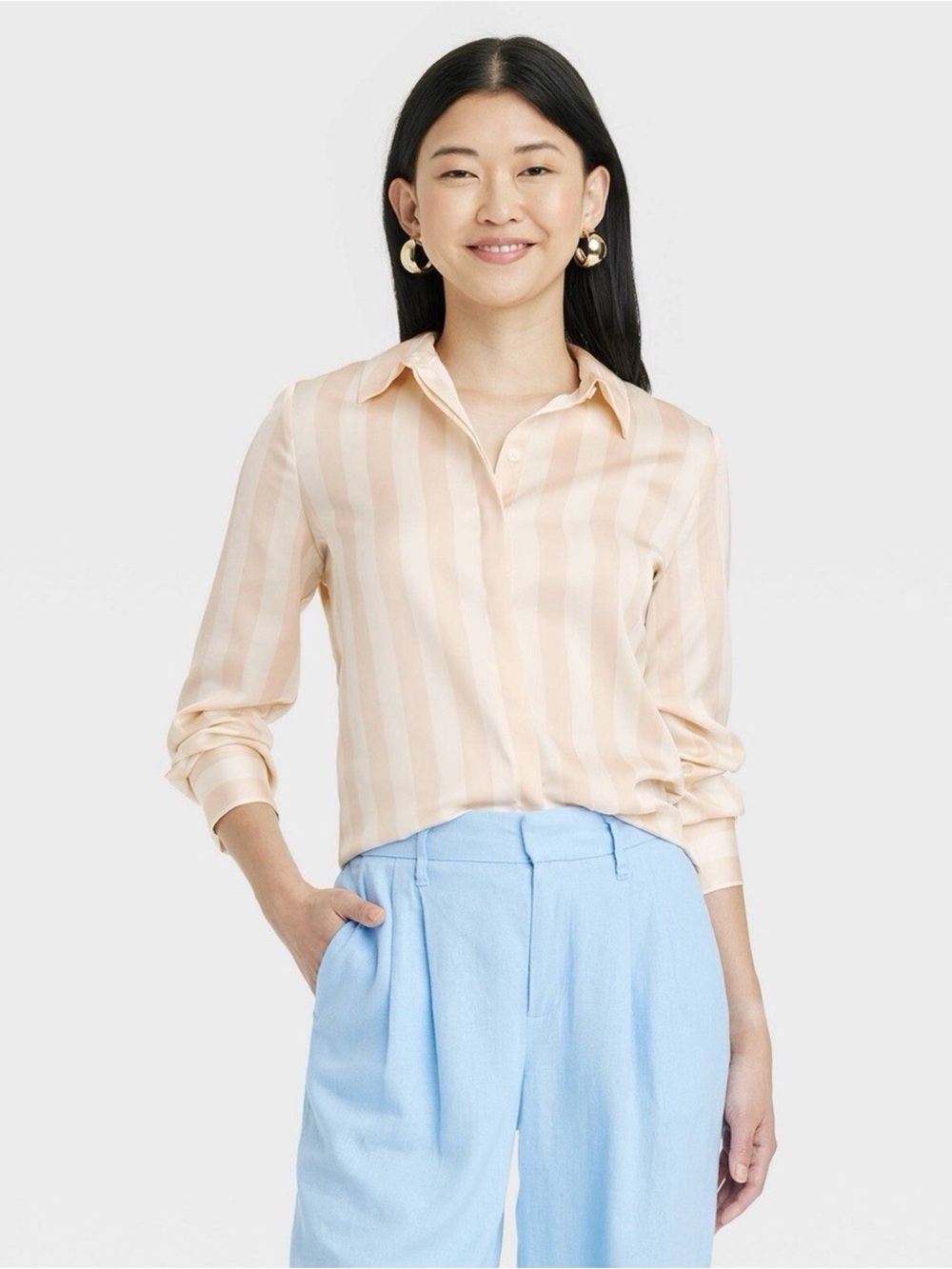 Slim Fit Long Sleeve Satin Button-Down Blouse